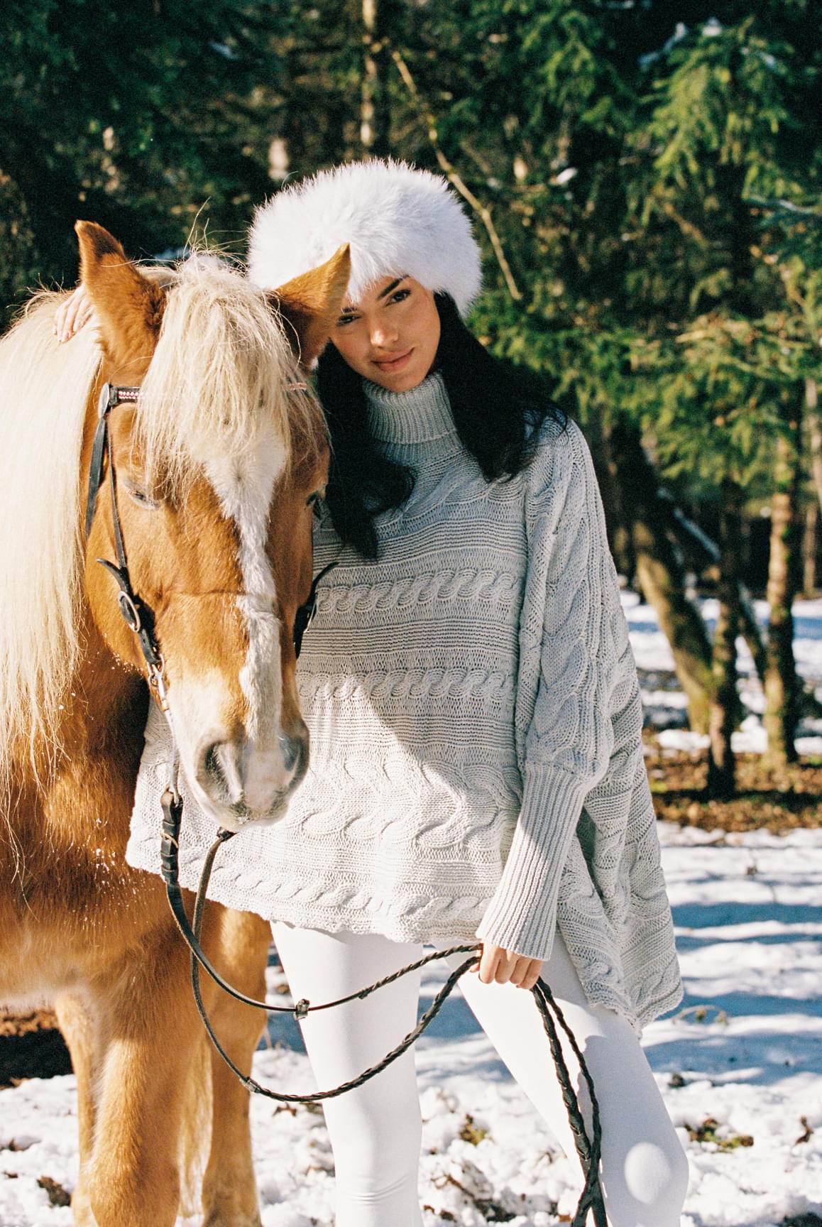 Cable Knit Cape Sweater - Silver Mist