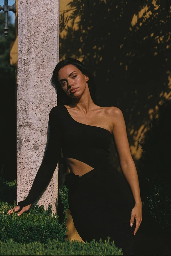 Asymmetrical Floral Maxi Dress - Black