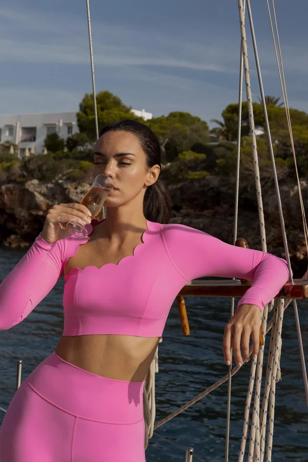 Asymmetrical Long Sleeve Crop Top - Pink Hollywood