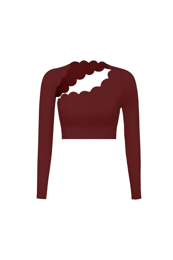 Asymmetrical Long Sleeve Crop Top - Mulled Wine