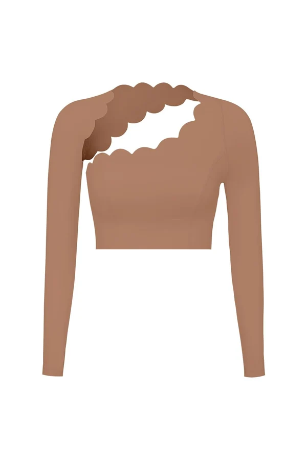 Asymmetrical Long Sleeve Crop Top - Tuscan Tan