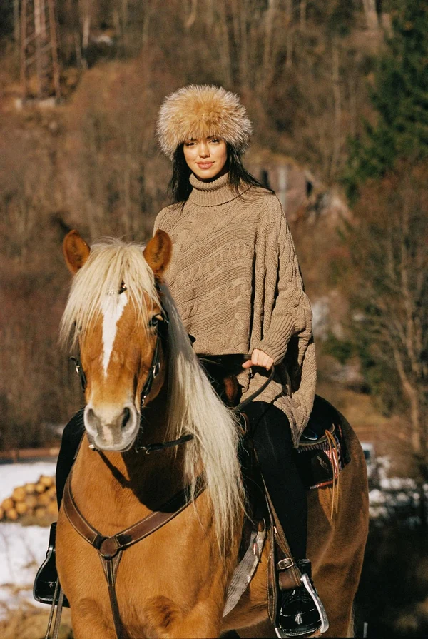 Cable Knit Cape Sweater - Sahara Haze