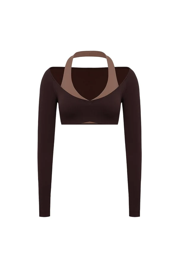 Colorblock One-Piece Long Sleeve Crop Top - Fig/Mocha