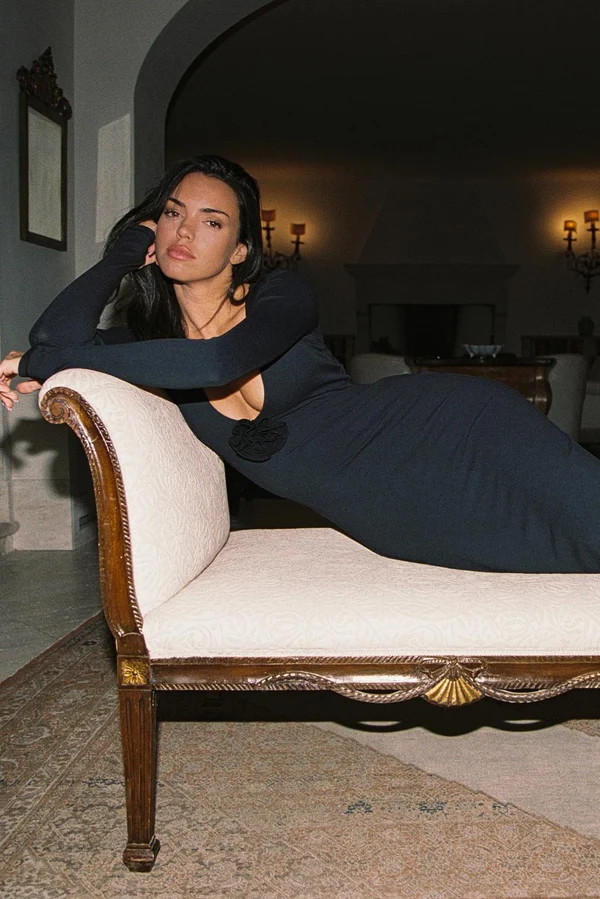 Floral V-Neck Long-Sleeve Dress - Black