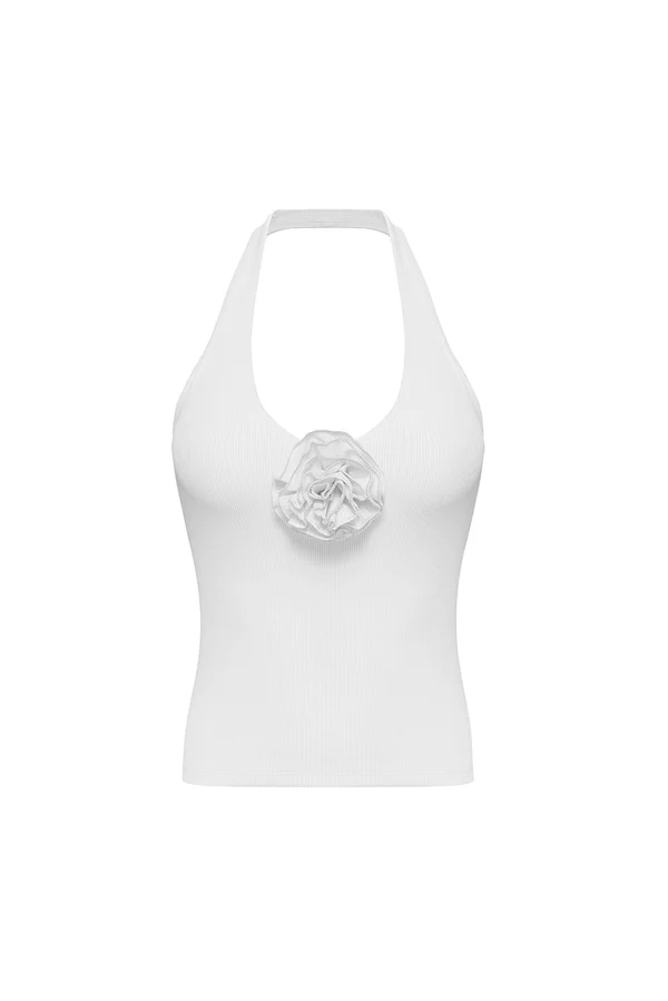 Halter-Neck Floral Tank Top - Ivory