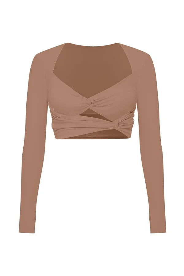 Knotty Chic Ruched Long Sleeve Crop Top -  Tuscan Tan