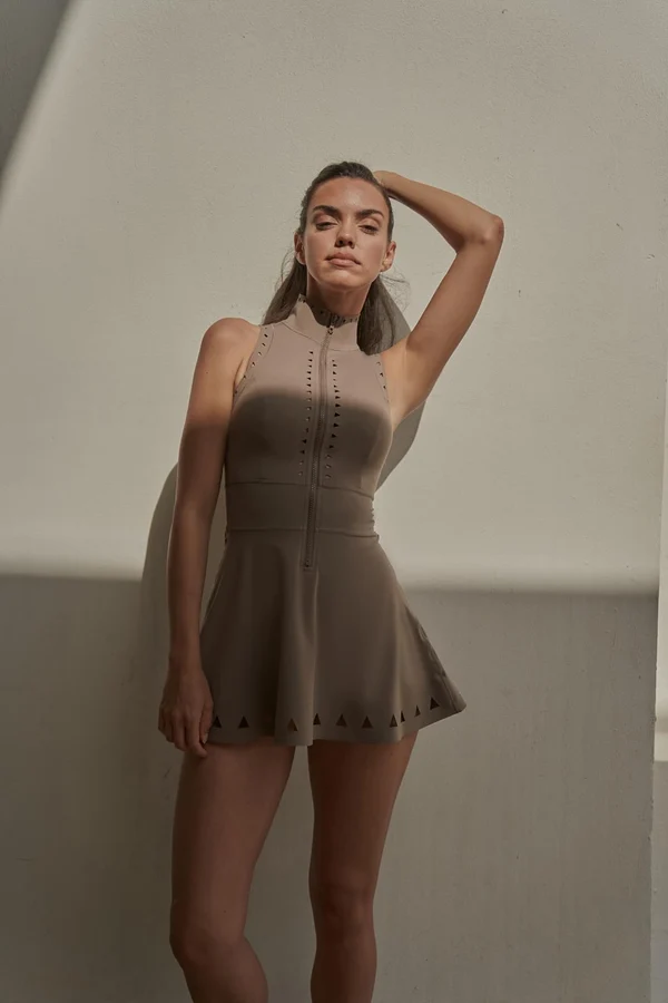 Lavish Laser Cut Zip Dress - Almond Butter