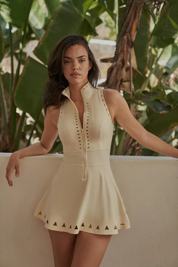 Lavish Laser Cut Zip Dress - Pure Vanilla