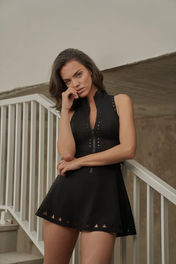 Lavish Laser Cut Zip Dress - Black