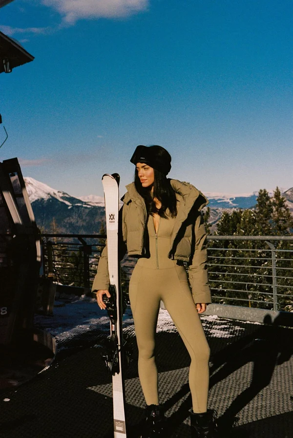 Long Sleeve Half-Zip Full Length Unitard - Muted Khaki