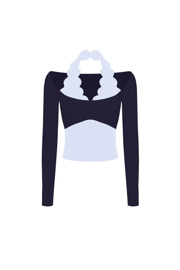 Long Sleeve Scallop Colorblock Top - Midnight/Heavenly