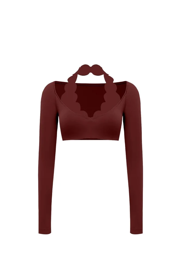 Long Sleeve Scallop Crop Top - Mulled Wine