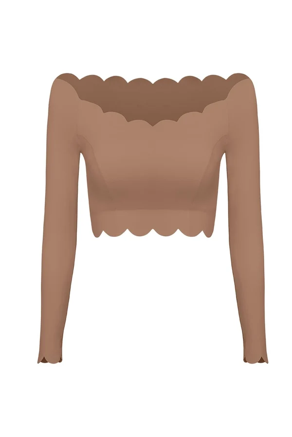 Off Shoulder Long Sleeve Crop Top - Tuscan Tan