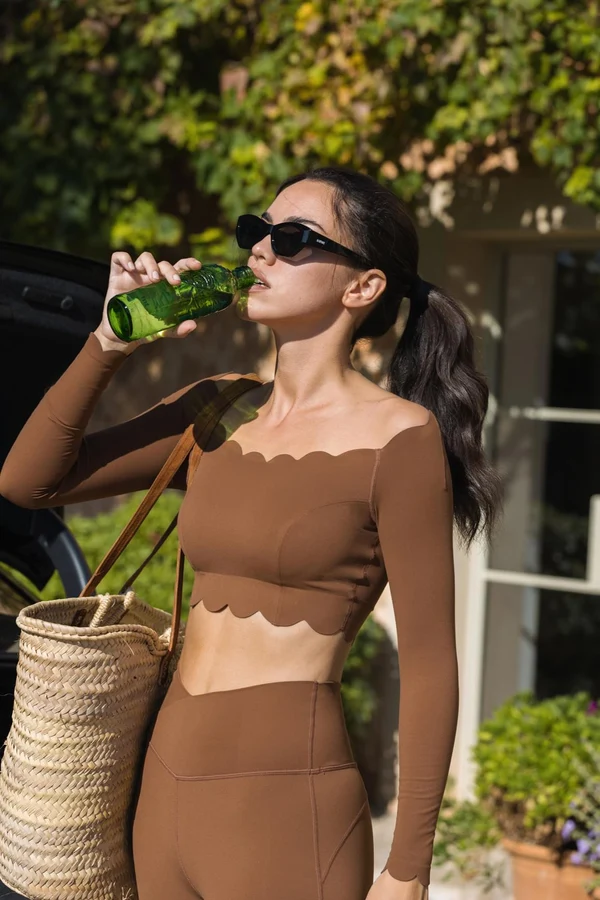 Off Shoulder Long Sleeve Crop Top - Roasted Cocoa