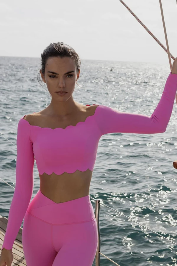 Off Shoulder Long Sleeve Crop Top - Pink Hollywood