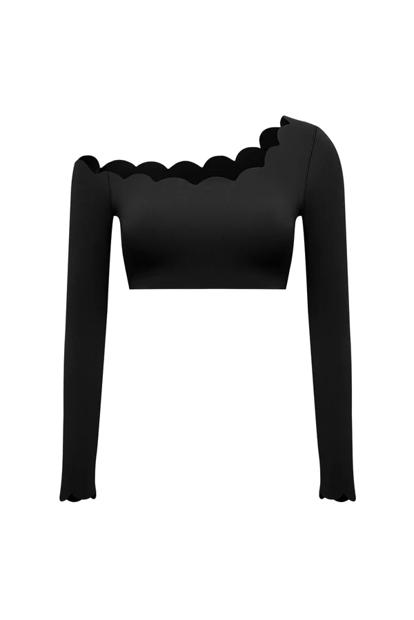 One-shoulder Scallop Long Sleeve Crop Top - Black