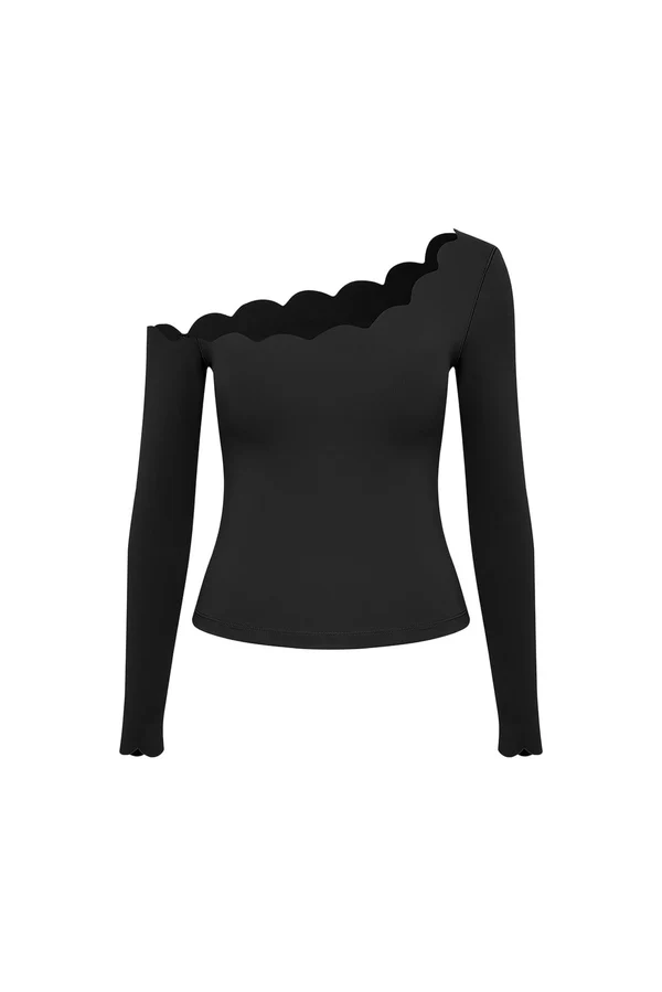 One-shoulder Scallop Long Sleeve Top - Black