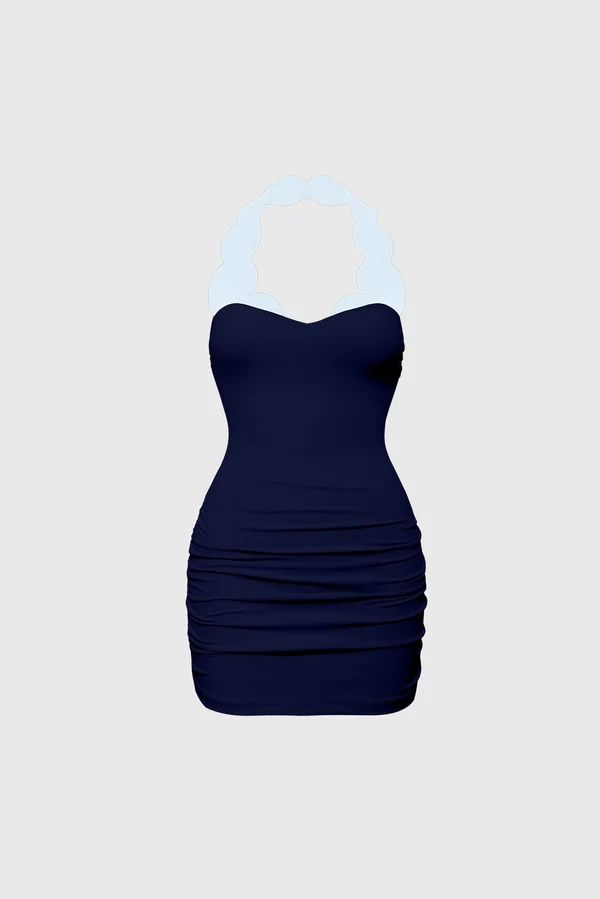 Riviera Scallop Contrast Halter Dress - Midnight/Capri