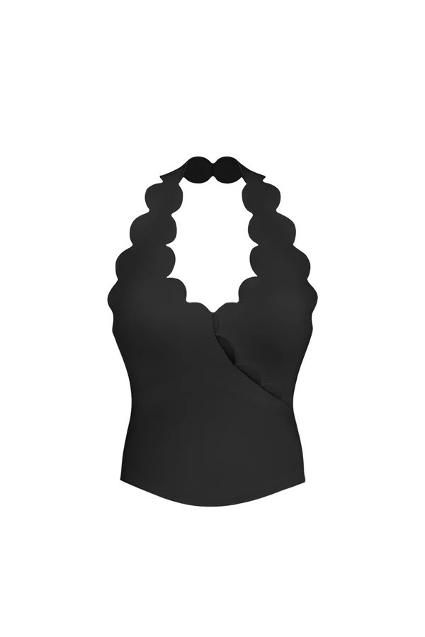 Riviera Scallop Halter Bra Tank - Black
