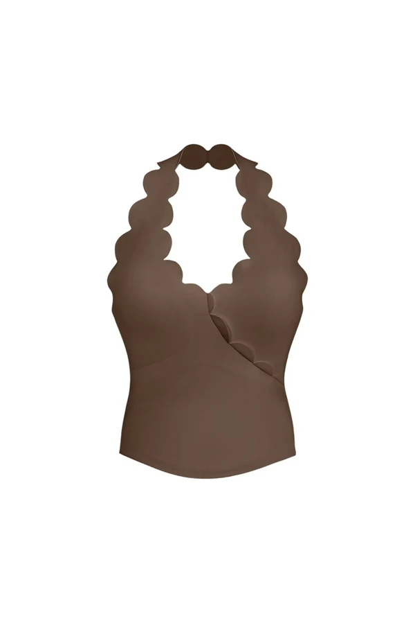 Riviera Scallop Halter Bra Tank - Desert Truffle