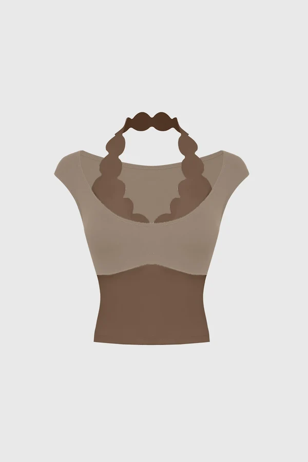 Scallop Contrast Halter Top - Truffle/Almond