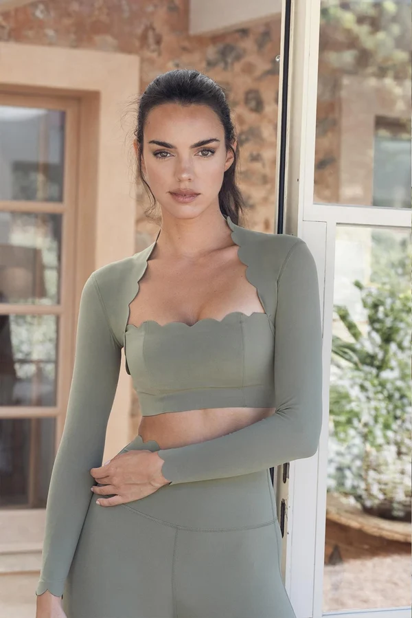 Scallop Cropped Long Sleeve Top - Sage
