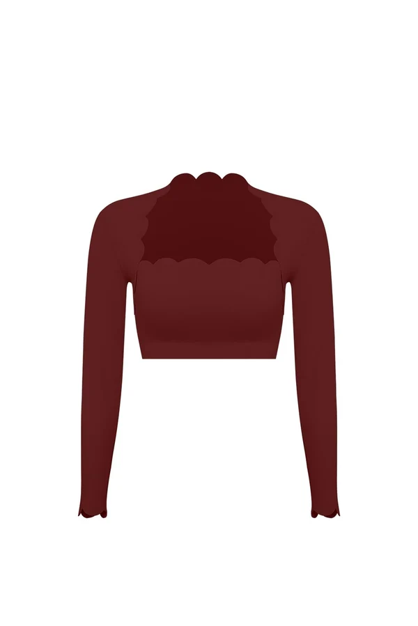 Scallop Cropped Long Sleeve Top - Mulled Wine