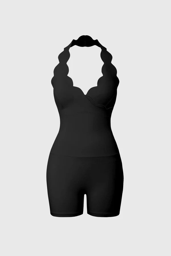 Scallop-Halter Hourglass Playsuit - Black