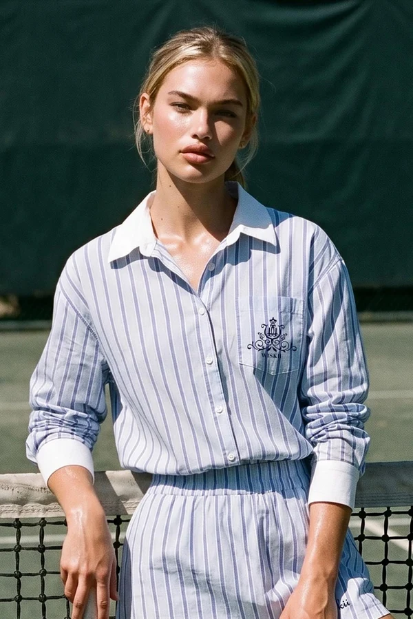 Stripe Button-Down Longline Shirt - Riviera Azure