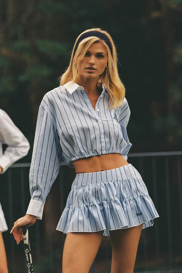 Stripe Low-Waist Pleat Skirt- Riviera Azure