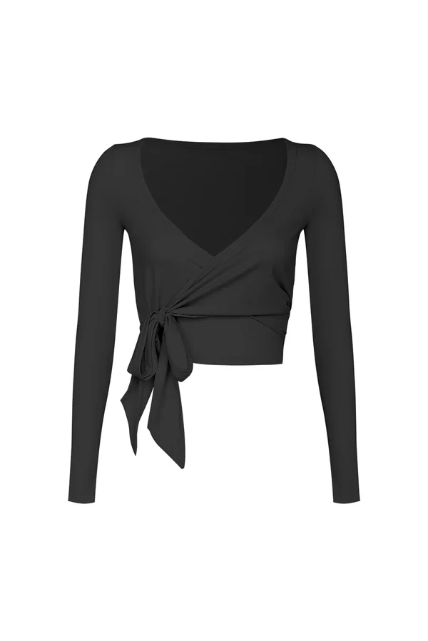 Tie-Front Long Sleeve Crop Top - Black