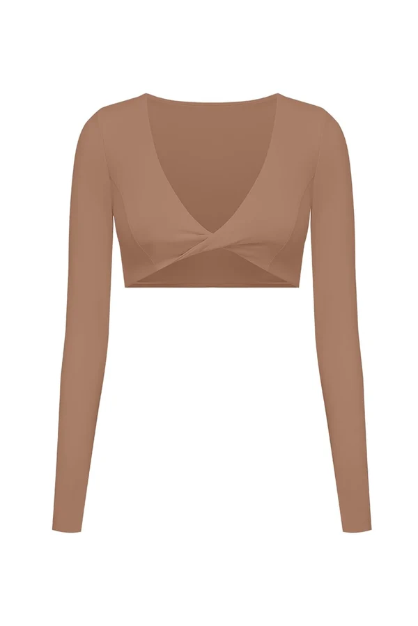 Twist-Front Long Sleeve Crop Top - Tuscan Tan
