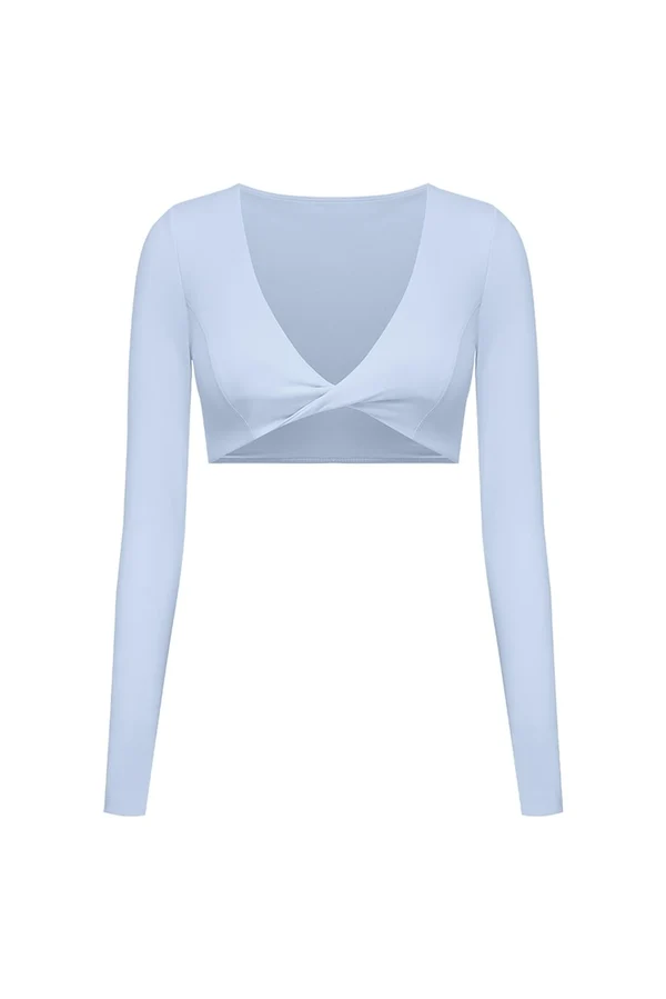 Twist-Front Long Sleeve Crop Top - Heavenly Blue