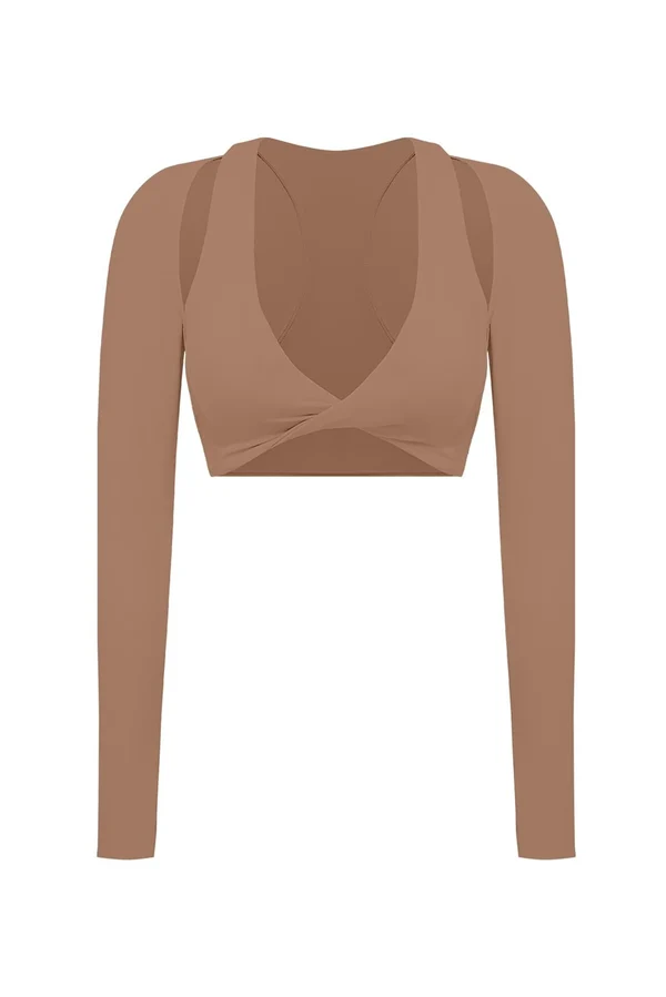 Twist-Front Shoulder Cut Crop Top - Tuscan Tan