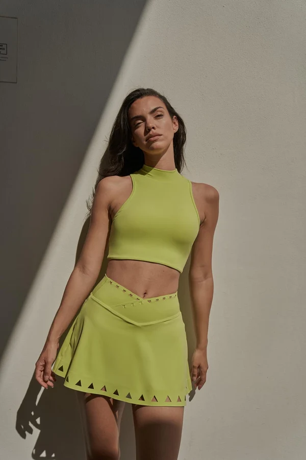 V-waist Laser Cut Tennis Skirt -  Bitter Lime
